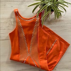 Bebe Backless Orange Mini Dress with Gold & Silver Gems